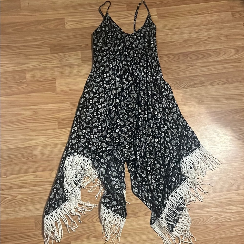 Floral Black Dress with Fringe